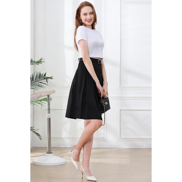 Women Knee Length Pleated Skirts, Girl Midi Long High Waisted Skirt Black - Picture 3 of 7